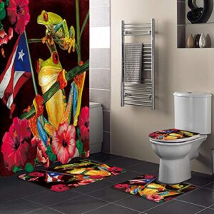 muswannaa 4 piece shower curtain sets puerto rican flag frog with colorful hibiscus flowers non-slip rug, toilet lid cover, bath mat waterproof shower curtain bathroom sets with 12 hooks bath decor