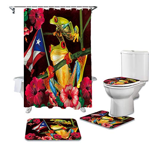 MuswannaA 4 Piece Shower Curtain Sets Puerto Rican Flag Frog with Colorful Hibiscus Flowers Non-Slip Rug, Toilet Lid Cover, Bath Mat Waterproof Shower Curtain Bathroom Sets with 12 Hooks Bath Decor