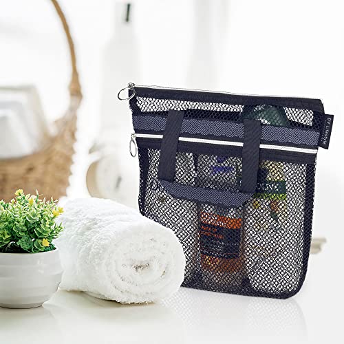 Mesh Shower Caddy 10.2x9.9'' Quick Dry Shower Bag with Zipper & 2 Pockets. Portable Shower Tote, Ideal for Gym, Travel, Camp, Beach, for Sunscreen, or as part of College Essentials (Black)