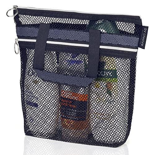 Mesh Shower Caddy 10.2x9.9'' Quick Dry Shower Bag with Zipper & 2 Pockets. Portable Shower Tote, Ideal for Gym, Travel, Camp, Beach, for Sunscreen, or as part of College Essentials (Black)