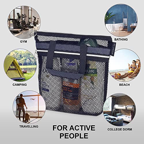 Mesh Shower Caddy 10.2x9.9'' Quick Dry Shower Bag with Zipper & 2 Pockets. Portable Shower Tote, Ideal for Gym, Travel, Camp, Beach, for Sunscreen, or as part of College Essentials (Black)