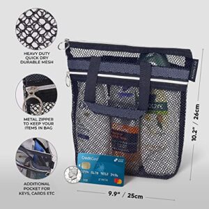 Mesh Shower Caddy 10.2x9.9'' Quick Dry Shower Bag with Zipper & 2 Pockets. Portable Shower Tote, Ideal for Gym, Travel, Camp, Beach, for Sunscreen, or as part of College Essentials (Black)