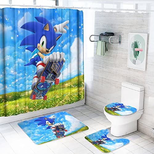 BOABIXA Son.ic The Hedge.hog 4 Piece Shower Curtain Sets, with Non-Slip Rugs, Toilet Lid Cover and Bath Mat, Durable and Waterproof, for Bathroom Decor Set, 72'' X 72'' (20220305)