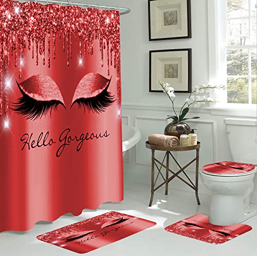 4Pcs Red Hello Gorgeous Shower Curtains Bathroom Sets with Rugs and Accessories for Women Bling Eyelash Modern Red Shower Curtains Sets with Soft Bath Mat and Toilet Seat Cover