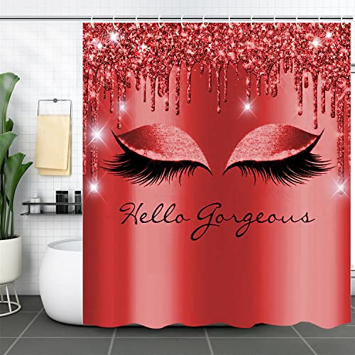 4Pcs Red Hello Gorgeous Shower Curtains Bathroom Sets with Rugs and Accessories for Women Bling Eyelash Modern Red Shower Curtains Sets with Soft Bath Mat and Toilet Seat Cover