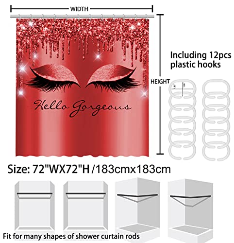 4Pcs Red Hello Gorgeous Shower Curtains Bathroom Sets with Rugs and Accessories for Women Bling Eyelash Modern Red Shower Curtains Sets with Soft Bath Mat and Toilet Seat Cover