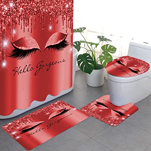 4Pcs Red Hello Gorgeous Shower Curtains Bathroom Sets with Rugs and Accessories for Women Bling Eyelash Modern Red Shower Curtains Sets with Soft Bath Mat and Toilet Seat Cover