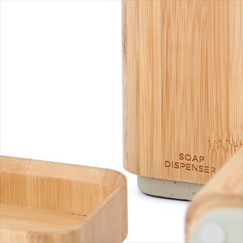 Bamboo Bathroom Accessories Set, Bamboo Wood Bathroom Accessories Include Bamboo Soap Dispenser, Tumbler, Soap Dish, with Concrete Base