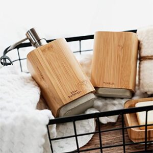 Bamboo Bathroom Accessories Set, Bamboo Wood Bathroom Accessories Include Bamboo Soap Dispenser, Tumbler, Soap Dish, with Concrete Base