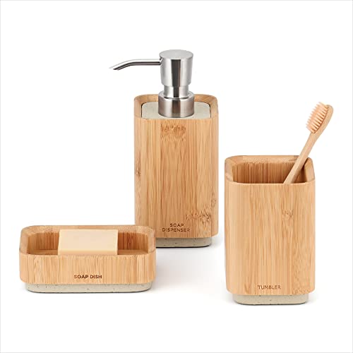 Bamboo Bathroom Accessories Set, Bamboo Wood Bathroom Accessories Include Bamboo Soap Dispenser, Tumbler, Soap Dish, with Concrete Base