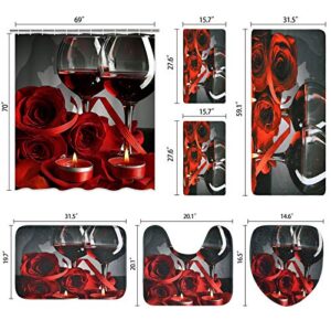 7 Piece Valentines Shower Curtain Sets with Rugs and Towels, Include Non-Slip Rugs, Toilet Lid Cover, Bath Towel and Mat, Romantic Red Rose Shower Curtain with 12 Hooks for Bathroom Decoration