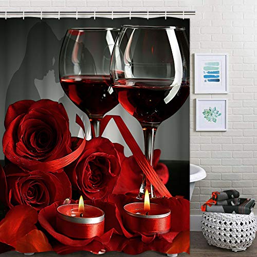 7 Piece Valentines Shower Curtain Sets with Rugs and Towels, Include Non-Slip Rugs, Toilet Lid Cover, Bath Towel and Mat, Romantic Red Rose Shower Curtain with 12 Hooks for Bathroom Decoration