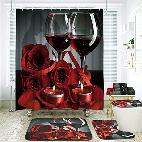 7 Piece Valentines Shower Curtain Sets with Rugs and Towels, Include Non-Slip Rugs, Toilet Lid Cover, Bath Towel and Mat, Romantic Red Rose Shower Curtain with 12 Hooks for Bathroom Decoration