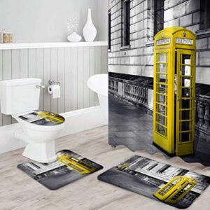 4 pcs shower curtain set with 12 hooks, black and white london cityscape yellow telephone box bathroom decor sets with non-slip bath mat toilet lid cover, waterproof shower curtain and rugs set