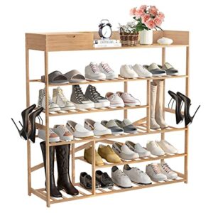 bonzy home shoe rack storage organizer for entryway, 6-tier bamboo solid wood shoe shelf with storage shelf and removable hooks, free standing storage box shoe cabinet for closet, natural