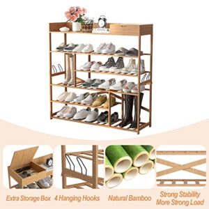 Bonzy Home Shoe Rack Storage Organizer for Entryway, 6-Tier Bamboo Solid Wood Shoe Shelf with Storage Shelf and Removable Hooks, Free Standing Storage Box Shoe Cabinet for Closet, Natural