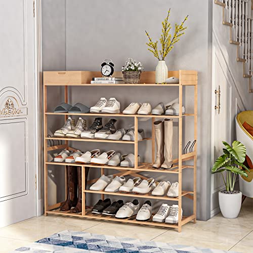 Bonzy Home Shoe Rack Storage Organizer for Entryway, 6-Tier Bamboo Solid Wood Shoe Shelf with Storage Shelf and Removable Hooks, Free Standing Storage Box Shoe Cabinet for Closet, Natural