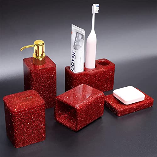 Red Glitter Bathroom Accessories Set Complete 5Pcs Soap/Lotion Dispenser&Toothbrush Holder Set,Soap Dish,Qtip Holder,Tumbler Resin restroom accessories Kit for Bath Vanity Countertop Décor Gift Packed