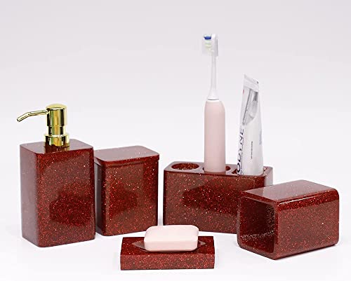 Red Glitter Bathroom Accessories Set Complete 5Pcs Soap/Lotion Dispenser&Toothbrush Holder Set,Soap Dish,Qtip Holder,Tumbler Resin restroom accessories Kit for Bath Vanity Countertop Décor Gift Packed