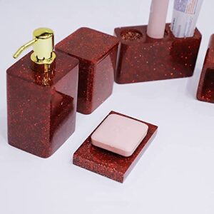 Red Glitter Bathroom Accessories Set Complete 5Pcs Soap/Lotion Dispenser&Toothbrush Holder Set,Soap Dish,Qtip Holder,Tumbler Resin restroom accessories Kit for Bath Vanity Countertop Décor Gift Packed