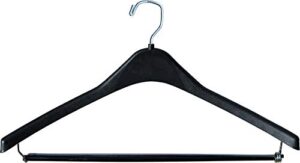 heavy-duty black plastic suit hanger with locking wooden pant bar, (box of 100) 1/2 inch thick curved hangers for uniforms and coats by the great american hanger company