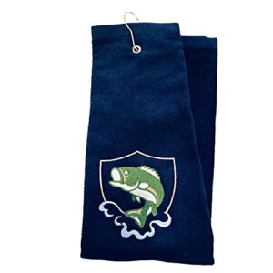 bass crest embroidered grommeted tri-fold fishing towel, personalized (navy blue)