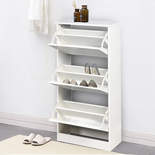 SSLine Modern White Shoe Cabinet with 3 Flip Down Storage Shelves Free-Standing Shoe Rack Compact Wood Shoe Storage Organizer for Entryway Hallway Doorway Closet