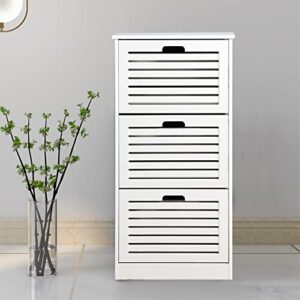 SSLine Modern White Shoe Cabinet with 3 Flip Down Storage Shelves Free-Standing Shoe Rack Compact Wood Shoe Storage Organizer for Entryway Hallway Doorway Closet