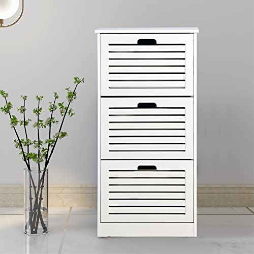 SSLine Modern White Shoe Cabinet with 3 Flip Down Storage Shelves Free-Standing Shoe Rack Compact Wood Shoe Storage Organizer for Entryway Hallway Doorway Closet