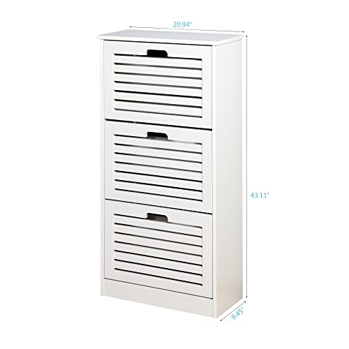 SSLine Modern White Shoe Cabinet with 3 Flip Down Storage Shelves Free-Standing Shoe Rack Compact Wood Shoe Storage Organizer for Entryway Hallway Doorway Closet