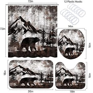 AtGoWac 4 Piece Bear Shower Curtain Sets with Rugs, Bear Bathroom Set Rustic Bear Bath Mat Forest Wild Animal Bear Painting Prints Farmhouse Cabin Shower Curtain Bathroom Decor