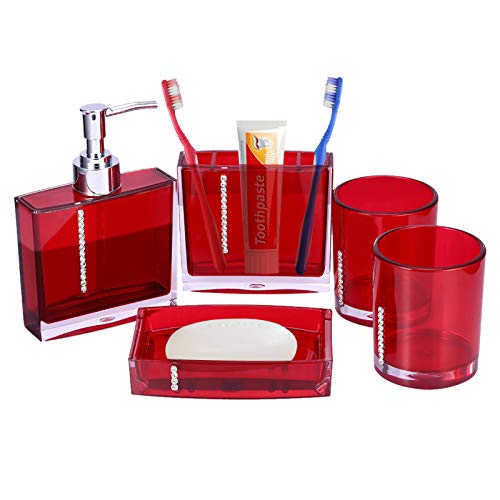 Red Bathroom Accessories, Acrylic Bathroom Accessories Set with Bath Cup Bottle Toothbrush Holder Soap Dish 5PC/Set for Hotel Home Bathroom Use