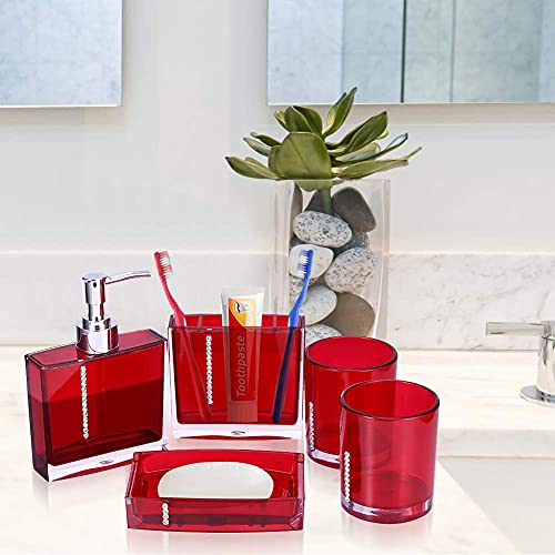 Red Bathroom Accessories, Acrylic Bathroom Accessories Set with Bath Cup Bottle Toothbrush Holder Soap Dish 5PC/Set for Hotel Home Bathroom Use