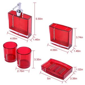 Red Bathroom Accessories, Acrylic Bathroom Accessories Set with Bath Cup Bottle Toothbrush Holder Soap Dish 5PC/Set for Hotel Home Bathroom Use