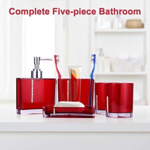 Red Bathroom Accessories, Acrylic Bathroom Accessories Set with Bath Cup Bottle Toothbrush Holder Soap Dish 5PC/Set for Hotel Home Bathroom Use