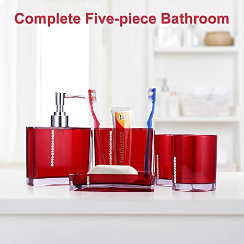 Red Bathroom Accessories, Acrylic Bathroom Accessories Set with Bath Cup Bottle Toothbrush Holder Soap Dish 5PC/Set for Hotel Home Bathroom Use