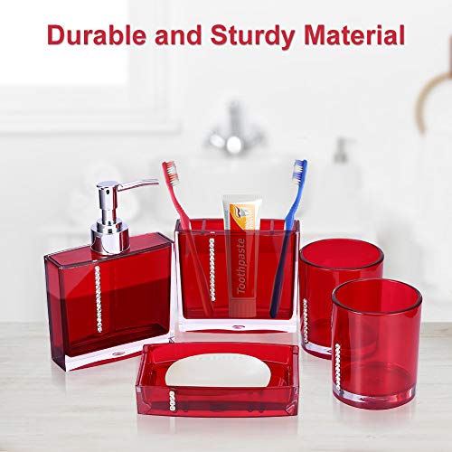 Red Bathroom Accessories, Acrylic Bathroom Accessories Set with Bath Cup Bottle Toothbrush Holder Soap Dish 5PC/Set for Hotel Home Bathroom Use