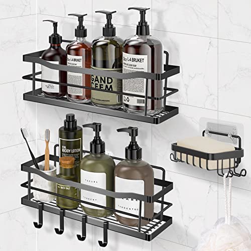 NFSQ Shower Shelves - 3 Pack Bathroom Shower Caddies with Soap Holder and 4Hooks Organizer, Shower Shelf for Inside Shower, Matte Black Shower Racks, No Drilling Rustproof SUS304 Stainless Steel