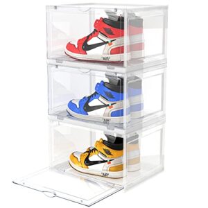 c&ahome clear shoe box, clear shoe box storage, set of 3, large size plastic shoe box with magnetic door, shoe organizer, box stackable for display sneakers, fit up to us size 14'' clear ucsbp03c