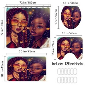 4 Pcs Sets Afro Black Twins Bathroom Rugs and mats Sets African American Women Bathroom Sets,Black Girl Magic Shower Curtains with Toilet Pad Cover Bath Mat Shower Curtain Sets