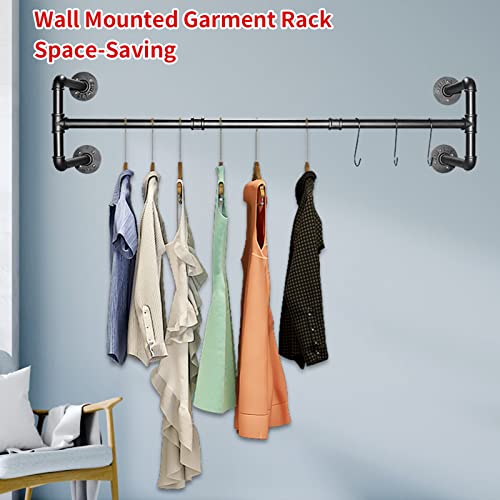 Rebala Industrial Pipe Clothing Rack 43.3 x 11.8 x 11.5INCH,Wall Mounted Garment Rack, Vintage Iron Garment Bar Space-Saving,Clothes Hanging Rod Bar,Multi-Purpose Hanging,Max Load 132Lb