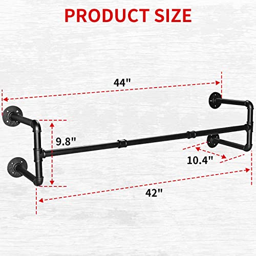 Rebala Industrial Pipe Clothing Rack 43.3 x 11.8 x 11.5INCH,Wall Mounted Garment Rack, Vintage Iron Garment Bar Space-Saving,Clothes Hanging Rod Bar,Multi-Purpose Hanging,Max Load 132Lb