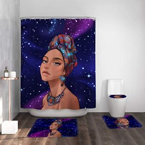 classic african black women bathroom shower curtain sets with rugs(large), purple hair black girl shower accessories and bathroom decor, 4 pcs set - 1 shower curtain & 3 toilet mat and lid cover