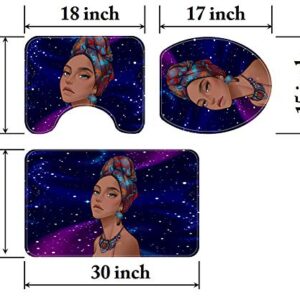 Classic African Black Women Bathroom Shower Curtain Sets with Rugs(Large), Purple Hair Black Girl Shower Accessories and Bathroom Decor, 4 pcs Set - 1 Shower Curtain & 3 Toilet Mat and Lid Cover