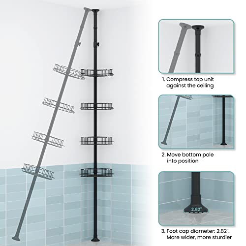 EZFurni Shower Caddy Corner, 4 Layer Shower Organizer, Rustproof Stainless Shower Shelves, Drill Free Shower Rack, Large Shower Storage and Shower Caddy Tension Pole,56-114 Inch, Black