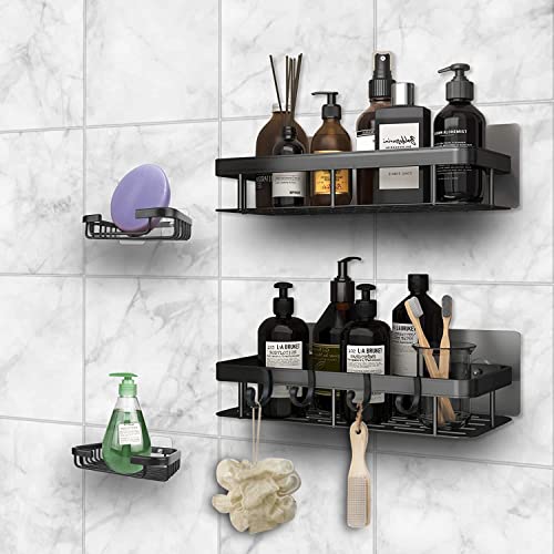 Wumagin Bathroom Shelf 2 Shower Caddy Shelf +2 Soap Dishes,Black Rust Proof Space Aluminum Spice Rack Kitchen Organization Makeup Organizers Bathroom Storage Wall Mount Shelves