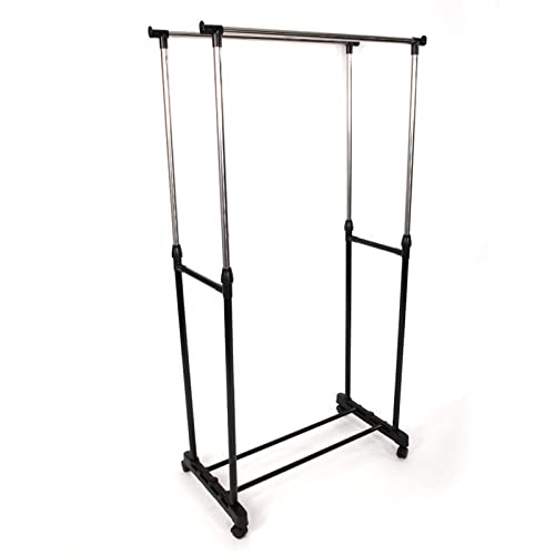 WECNEK Dual-bar Vertical & Horizontal Stretching Stand Clothes Rack with Shoe Shelf YJ-03 Black & Silver