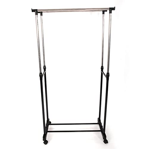 WECNEK Dual-bar Vertical & Horizontal Stretching Stand Clothes Rack with Shoe Shelf YJ-03 Black & Silver