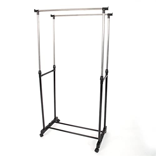 WECNEK Dual-bar Vertical & Horizontal Stretching Stand Clothes Rack with Shoe Shelf YJ-03 Black & Silver