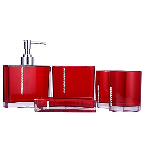 POCREATION Bathroom Designer 5-Piece Bath Accessory Set,AcrylicGift Set Toothbrush Holder Toothbrush Cup Soap Dispenser Soap Dish Toilet Brush Holder Trash Can Tumbler Straw Set Bathroom,Red